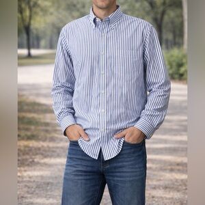Land’s End Blue Stripe Button Down Shirt 16 -36 Classic Fit. EUC